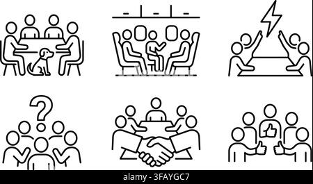 Business meeting and team collaboration outline icons depicting diverse corporate scenes. Stock Vector