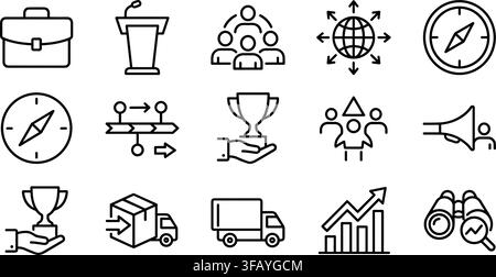 Business management icons set black outline shapes on transparent background for corporate. Stock Vector