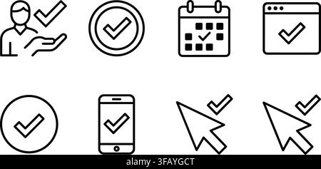 Black outline checkmark icon set for success, approval, and validation on multiple interfaces. Stock Vector