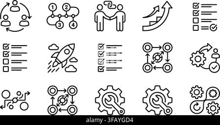 Business workflow process icons showcasing procedural pathways and task management steps. Stock Vector