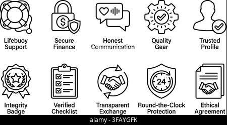 Business trust and security certification icons with descriptive text labels for website. Stock Vector