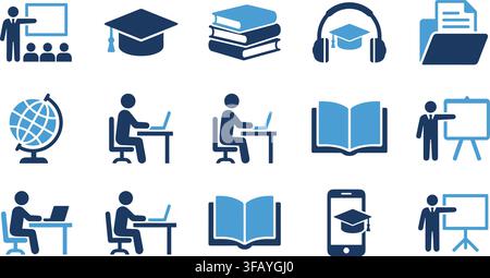 Education and learning blue flat icons set for online courses and academic development. Stock Vector