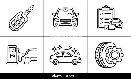 Car service and maintenance vehicle diagnostics line icons featuring auto parts repairs. Stock Vector