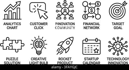 Business startup infographic icons highlighting strategies and analytical charts in black. Stock Vector