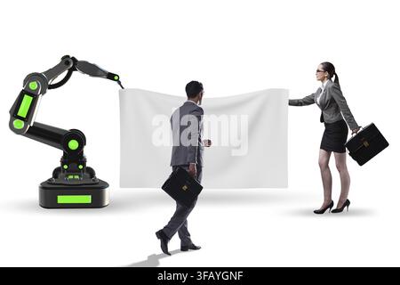 Business people and empty poster supported by robotic arms Stock Photo