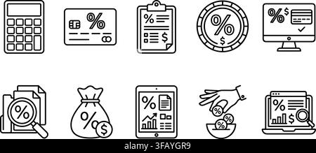 Finance accounting business icons set flat black linear style for bank wealth management. Stock Vector