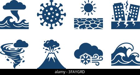 Natural disaster icons set with bold blue silhouettes for global emergency weather events. Stock Vector