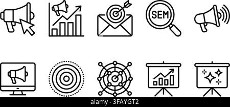 Digital marketing line icons set featuring advertising campaign analytics and sem search. Stock Vector