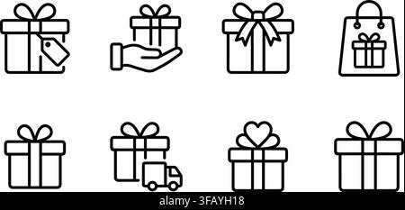 Minimalist black linear gift box icons representing delivery, heart, tag, and shopping bag. Stock Vector