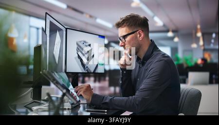 Young Architect Studying 3D Building Model On Dual Touchscreen Laptop. Stock Photo