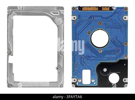 Front and back view of a laptop hard disk drive featuring metal casing, blue circuit board, electronic components, and storage interface connectors Stock Photo