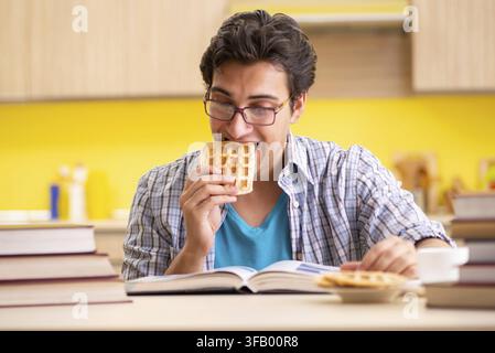 The student is preparing for the exam and is sitting in the kitchen Stock Photo