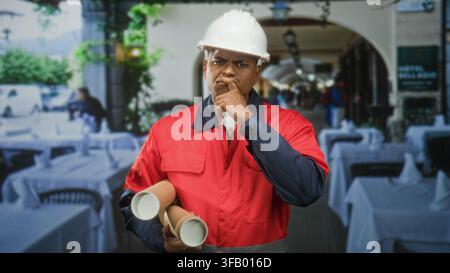 Hispanic man construction worker holding rolled blueprints, hand on chin thinking in building; contemplation planning problem solving. Stock Photo