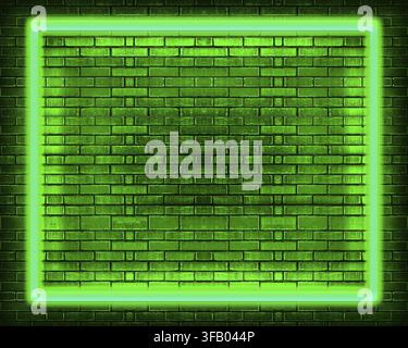 Green neon glowing rectangular frame on dark brick wall background with copy space. Modern futuristic light border for posters, nightlife, signage, or Stock Photo