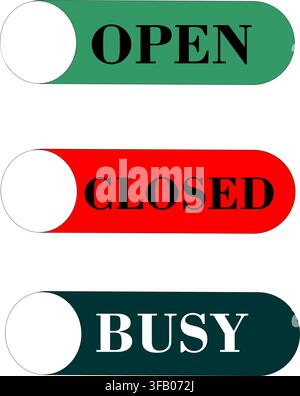 Open Close Busy Tags Vector Icons Set – Store Door Status Labels and Business Signage Symbols Stock Vector
