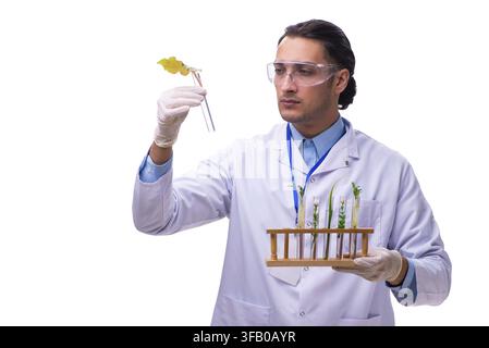 The young male chemist in front of a white background Stock Photo