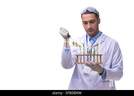 The young male chemist in front of a white background Stock Photo