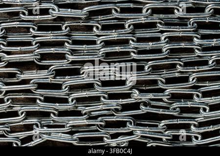 Shiny metal chain texture full frame background, close up. Full frame view of horizontal rows of heavy steel metal chain links concept of strength sec Stock Photo