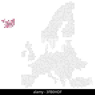 Iceland highlighted on European continent pixel mosaic map with each country rendered as colored square blocks creating a distinctive geographic visua Stock Vector