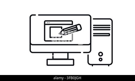 Desktop computer tower and monitor with web design layout symbol on screen vector icon. Stock Vector