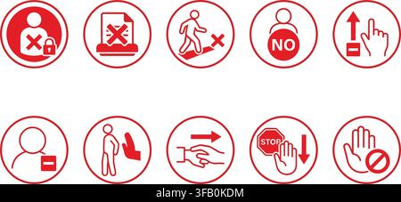 Prohibitory red warning signs collection featuring user restriction and forbidden action safety symbols. Stock Vector