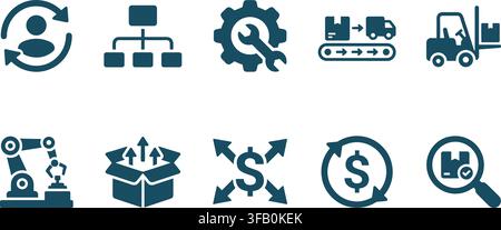 Industrial manufacturing icon set featuring dark blue vector illustrations of logistics and trade systems. Stock Vector