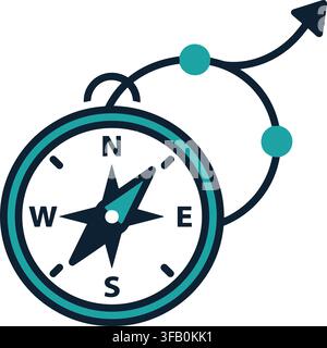 Navigation compass icon with curved growth arrow path indicating direction and strategic business planning. Stock Vector