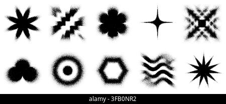 Grainy blurred wave and gradient burst noise, dotted snowflake texture. Sun cloud and spark star stencil, square zigzag spray. Wavy hexagonal target f Stock Vector
