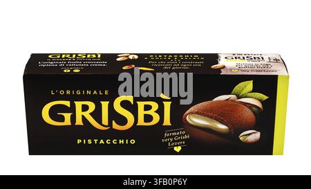 Grisbi cocoa biscuits with pistachio cream, product package isolated on white background.Illustrative editorial Stock Photo