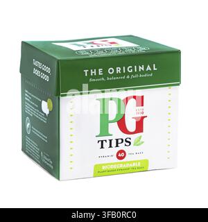 Box of PG Tips Original black tea with biodegradable pyramid tea bags, classic green and white packaging isolated on white background, ideal for bever Stock Photo