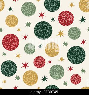 Christmas seamless pattern with colorful star filled circles and sparkle shapes. Retro Vintage holiday background in red, green and gold for wrapping Stock Vector