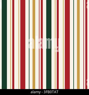 Christmas seamless stripe pattern. Retro holiday background with vertical red, dark green and gold lines on cream. Vector design for wrapping paper Stock Vector