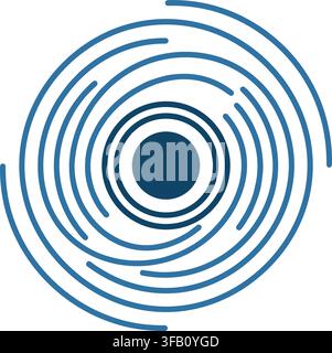 Abstract blue concentric circular ripples and spiral pattern design element representing sonic waves or sonar echoes. Stock Vector