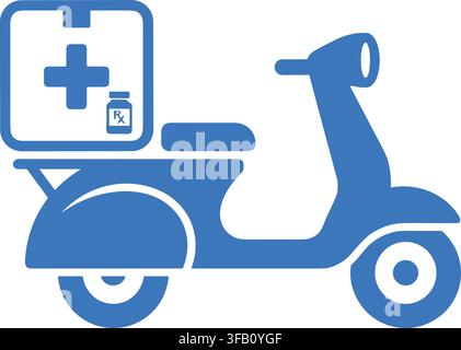 Blue delivery scooter with medical supply box and pill bottle icon for pharmacy prescription transport service logistics. Stock Vector