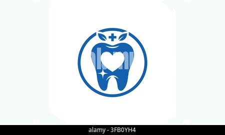 Blue dental health logo featuring molar tooth with heart shape and medical cross for professional dentistry services. Stock Vector