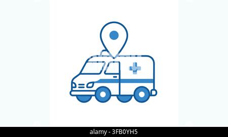 Ambulance vehicle with location map pointer icon representing emergency medical services and navigation tracking. Stock Vector