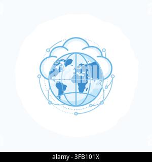 Global cloud computing network concept illustration showing world globe surrounded by digital data connection lines. Stock Vector