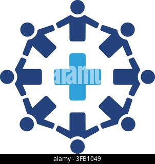 Healthcare community support group icon showing people holding hands around medical cross for clinic health wellness. Stock Vector