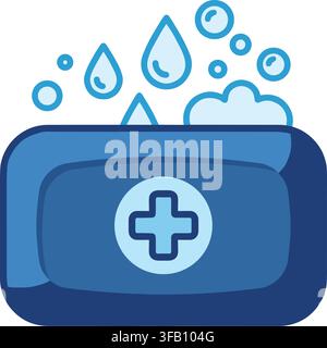 Medical soap bar icon with bubbles and water drops for hygiene or healthcare design isolated on transparent background. Stock Vector