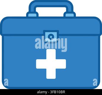 Medical first aid kit box icon with cross symbol flat blue linear style vector design for healthcare emergencies kit. Stock Vector