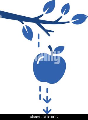 Gravity physics concept illustration showing apple falling from tree branch with directional arrows and leaf detail. Stock Vector