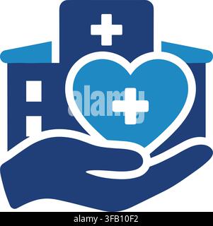 Hospital building icon with heart symbol held by hand representing care and support for medical health services now. Stock Vector