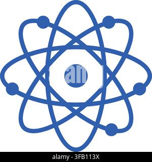 Scientific atom model icon with central nucleus and electrons orbiting on paths isolated on transparent background. Stock Vector