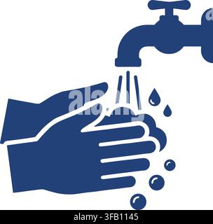 Hygiene concept illustrated with blue icon of hands washed under running water tap with soap bubbles for health safety. Stock Vector