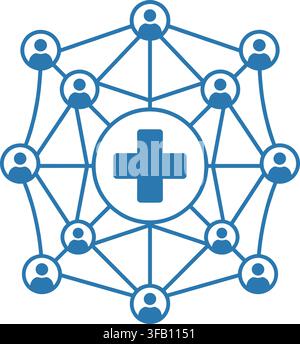 Medical network diagram with interconnected people icons and central cross symbol for global health communication. Stock Vector
