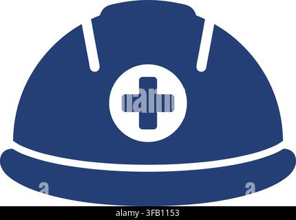 Safety hard hat icon with medical cross symbol for construction work and occupational health protection vector graphic. Stock Vector