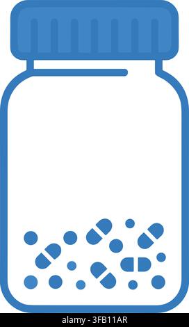 Pill bottle icon representing medication container filled with various pharmaceutical capsules and small tablets. Stock Vector