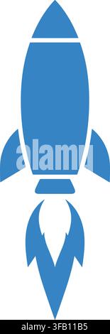 Rocket ship taking off with fire exhaust flames icon flat blue vector sign for space exploration and start ups. Stock Vector