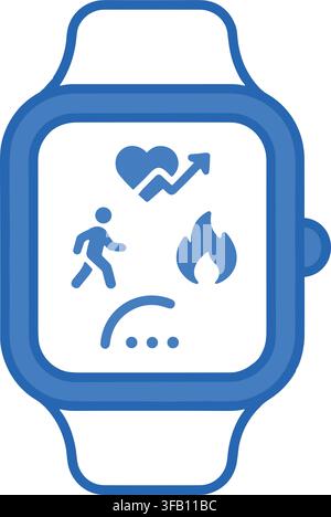 Smartwatch icon with fitness tracking features for health monitoring and physical activity metrics in blue flat style. Stock Vector