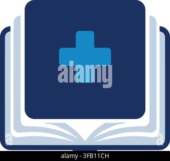 Open medical book icon with blue cross symbol representing health education and hospital records vector illustration. Stock Vector